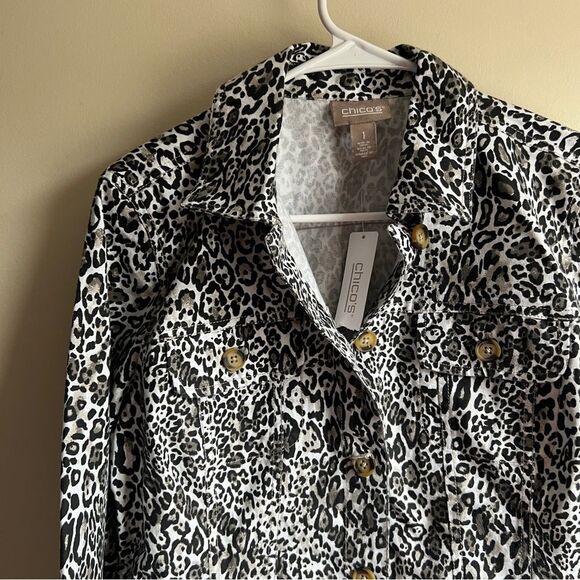 Chicos Classic Cheetah Peplum Button Denim Jacket Heatherstone Taupe NWT - Picture 3 of 5